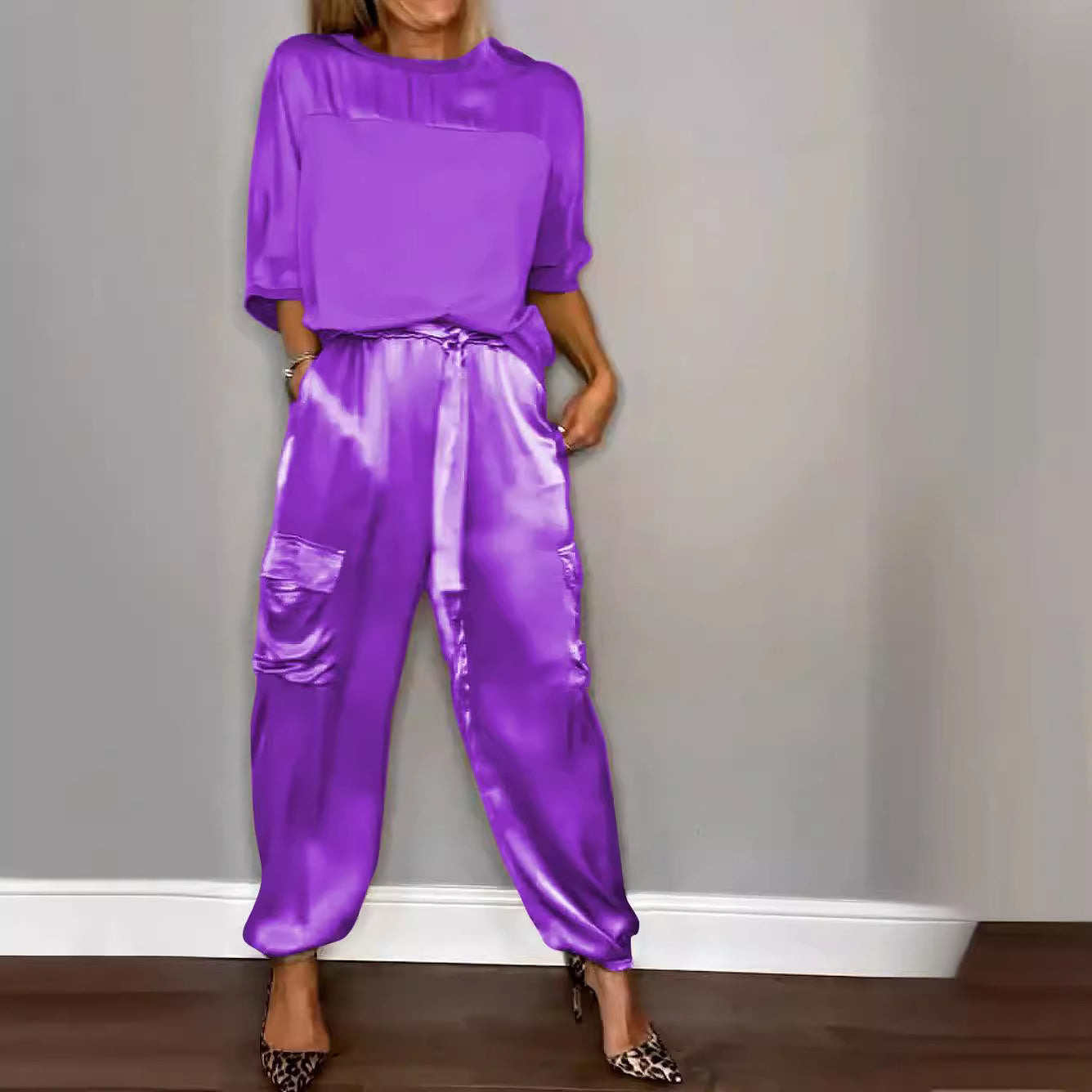 Fashionable Mercerized Satin Short Sleeve Top and Pants Set