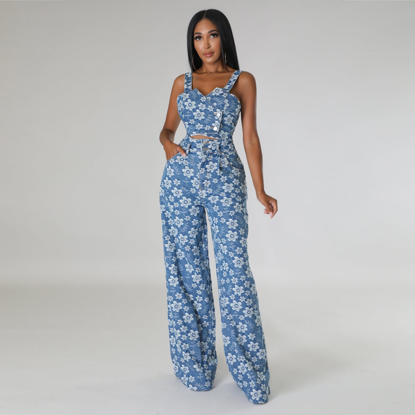 Fashion Denim Jacquard Wrapped Top Wide-leg Pants Suit