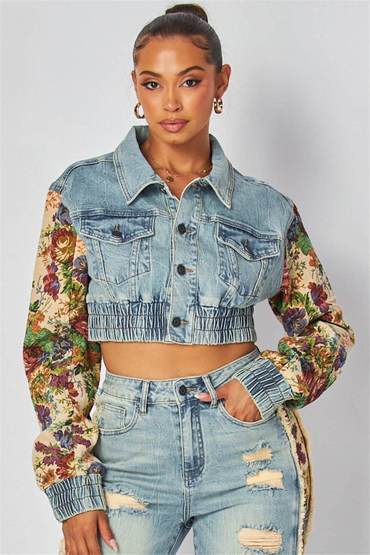 Fashion Printed Colorblock Denim Jacket Jeans Set