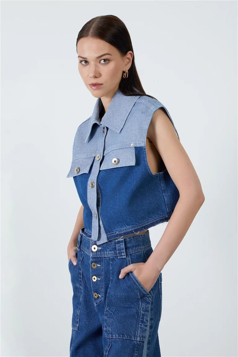 Retro Loose Short Lapel Single-breasted Denim Vest + Jeans