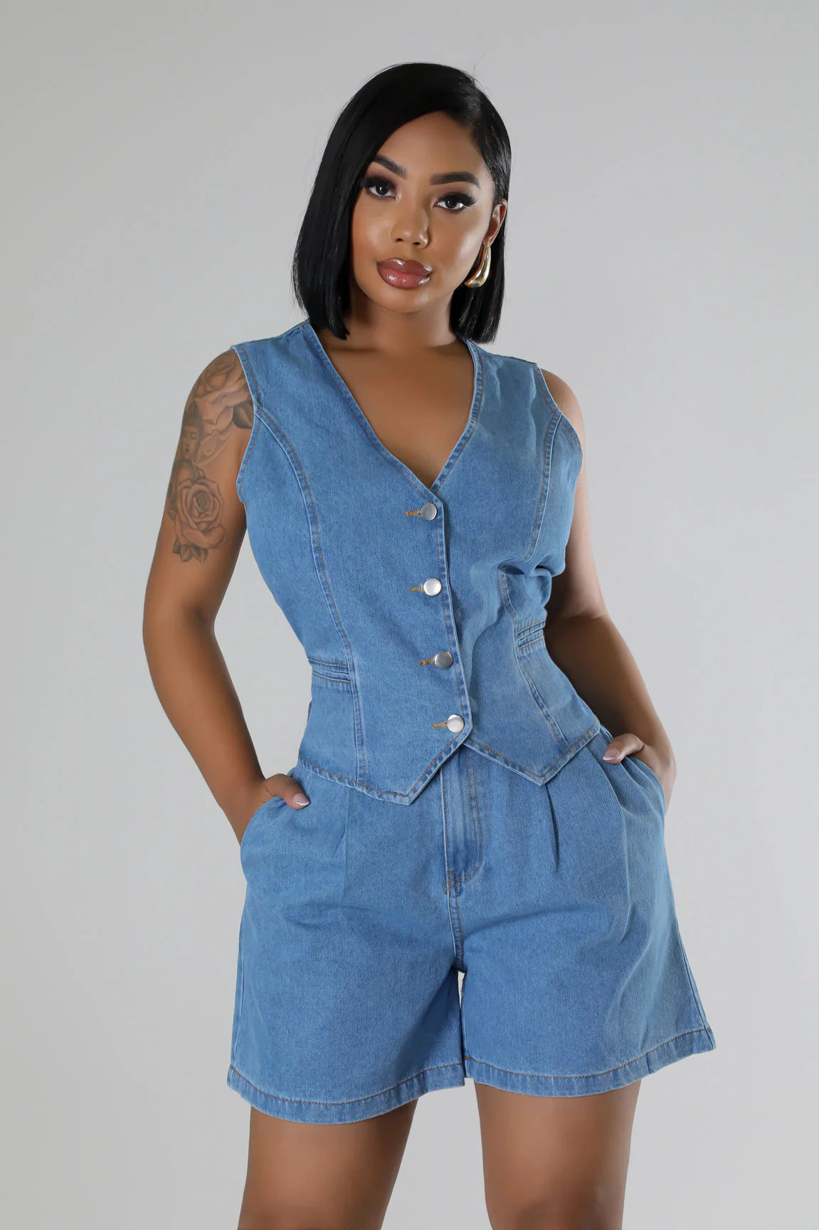 Fashion Casual Sleeveless High Waist Denim Shorts Set