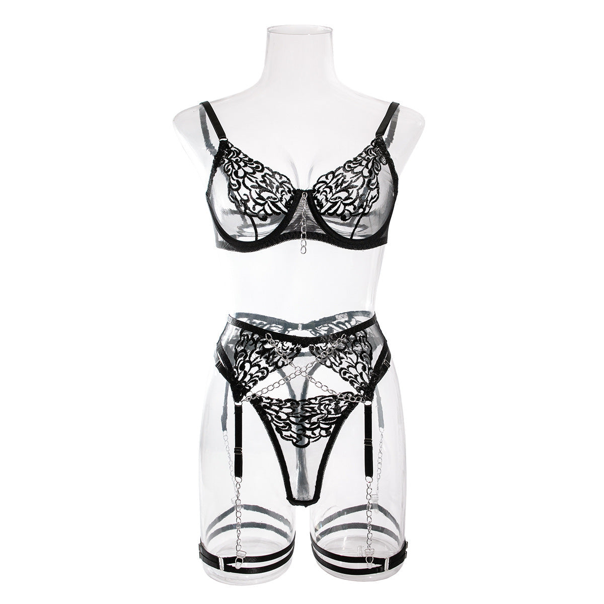 Sexy Mesh Embroidery Metal Chain Transparent Lace Waist-corset Jumpsuit