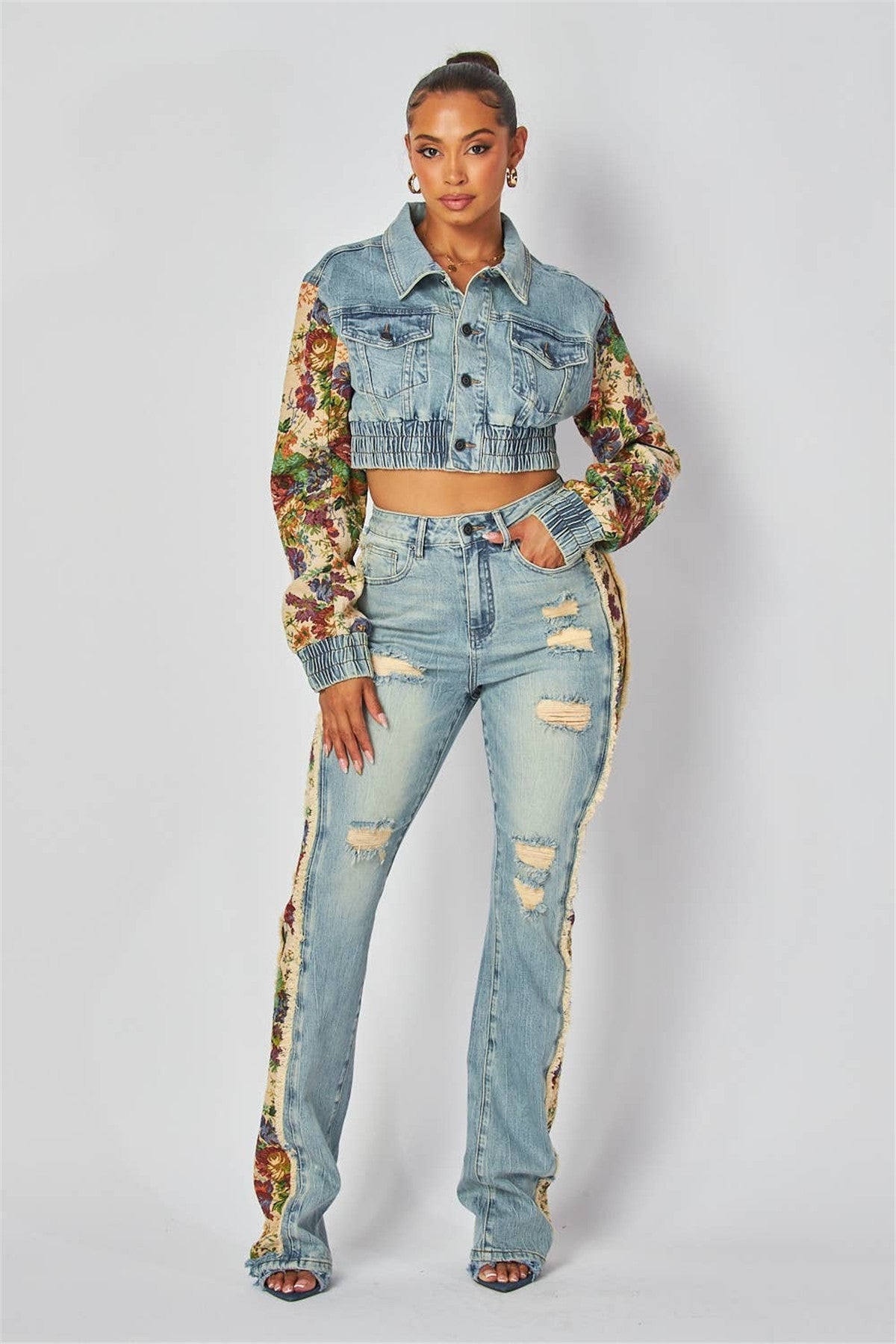 Fashion Printed Colorblock Denim Jacket Jeans Set