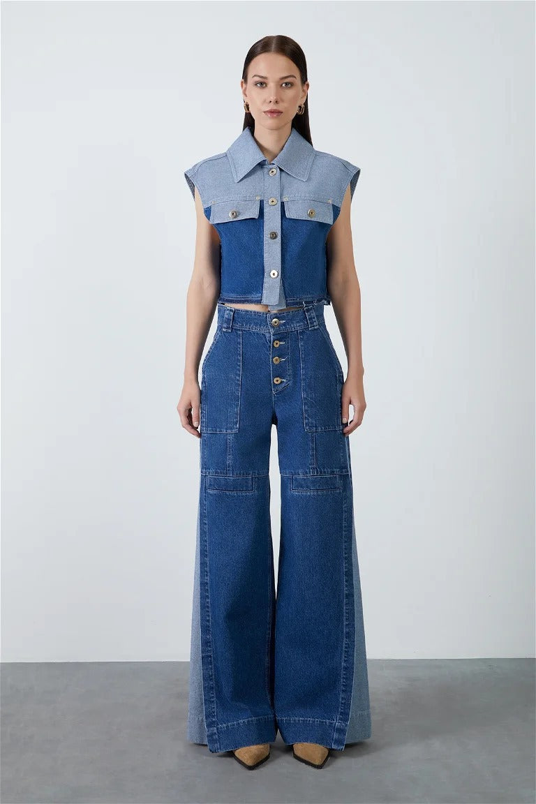 Retro Loose Short Lapel Single-breasted Denim Vest + Jeans