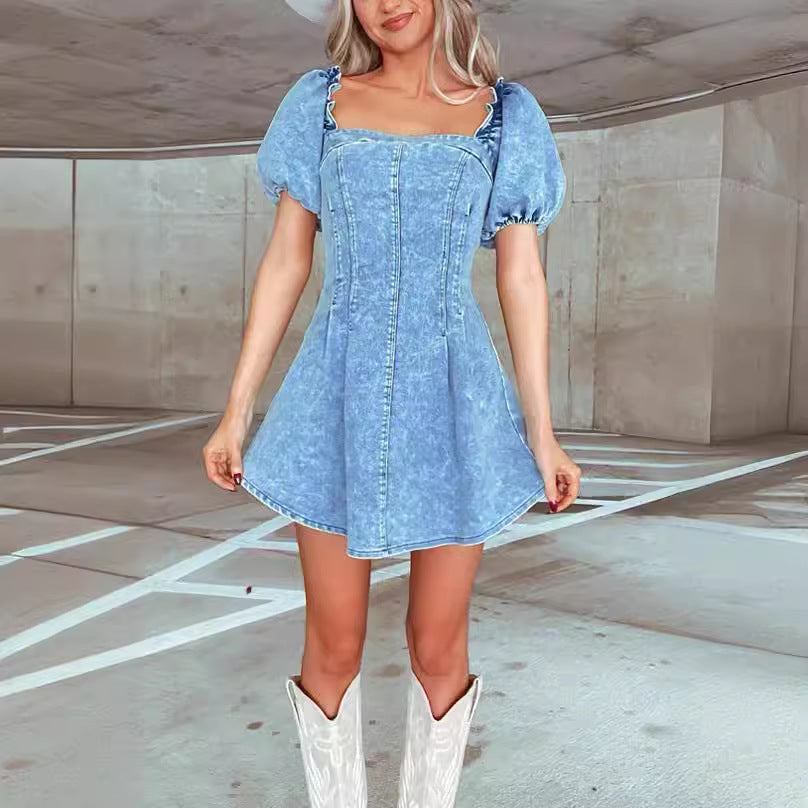 Fashionable and Sexy Slim Fit Puff Sleeve Backless Denim Dress