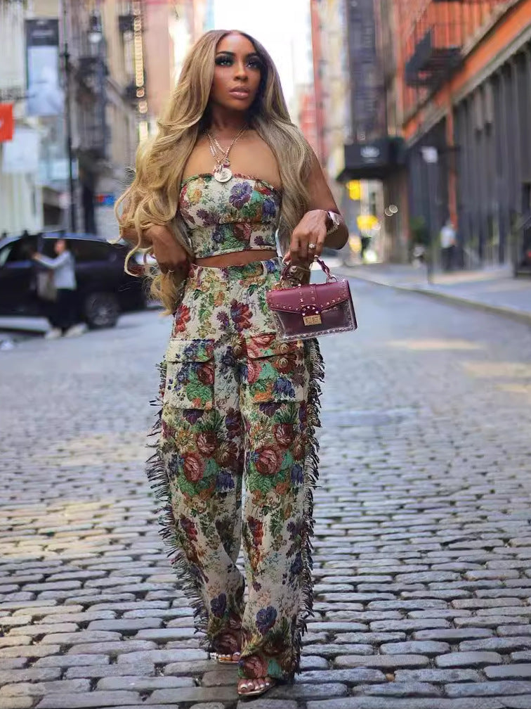 Lace-up Bustier Tassel Trousers Jacquard Fashion Suit