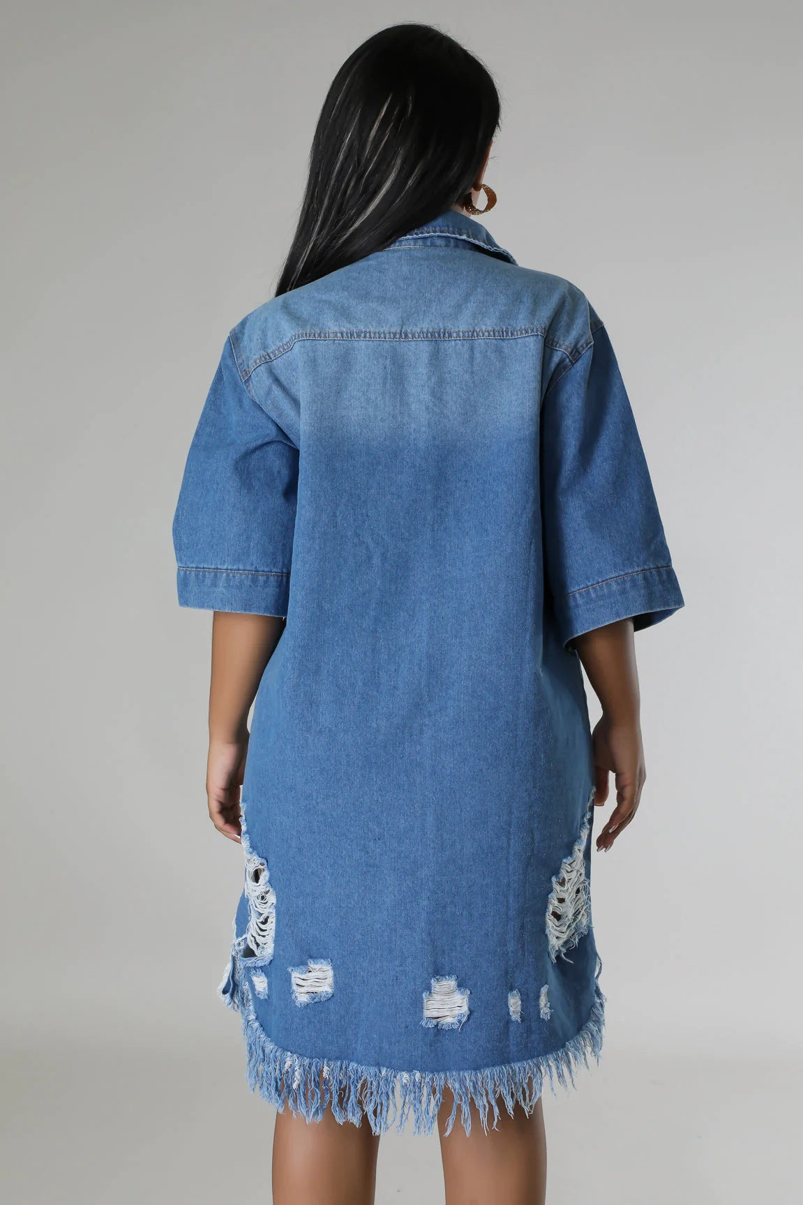 Loose Lapel Short Sleeve Ripped Washed Denim Dress