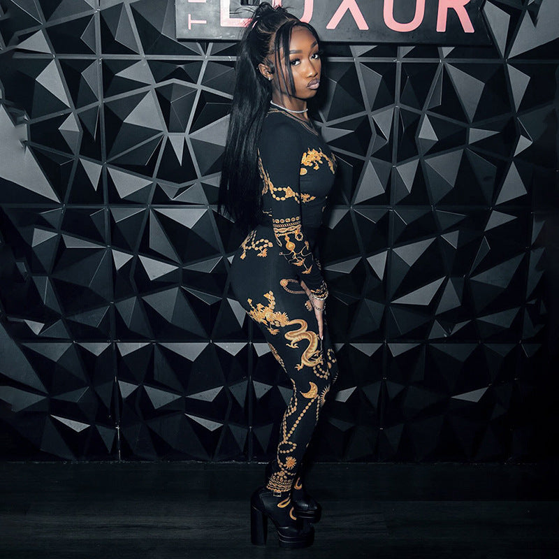 Fashion Printed Long Sleeve Round Neck Top and Pants Set