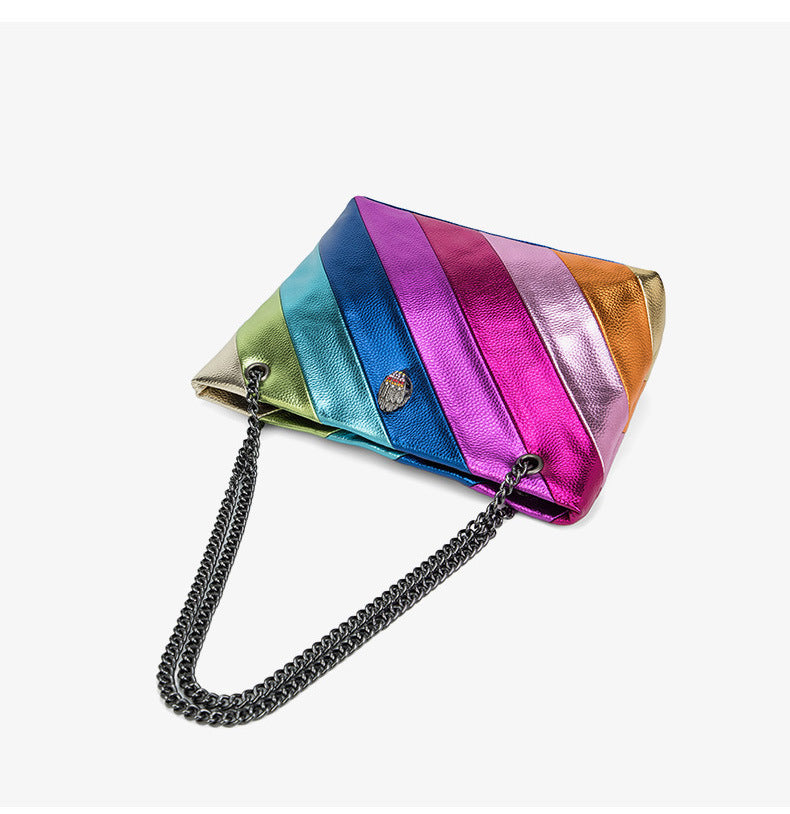 Rainbow Contrast Patchwork Chain Eagle Head Crossbody Bag