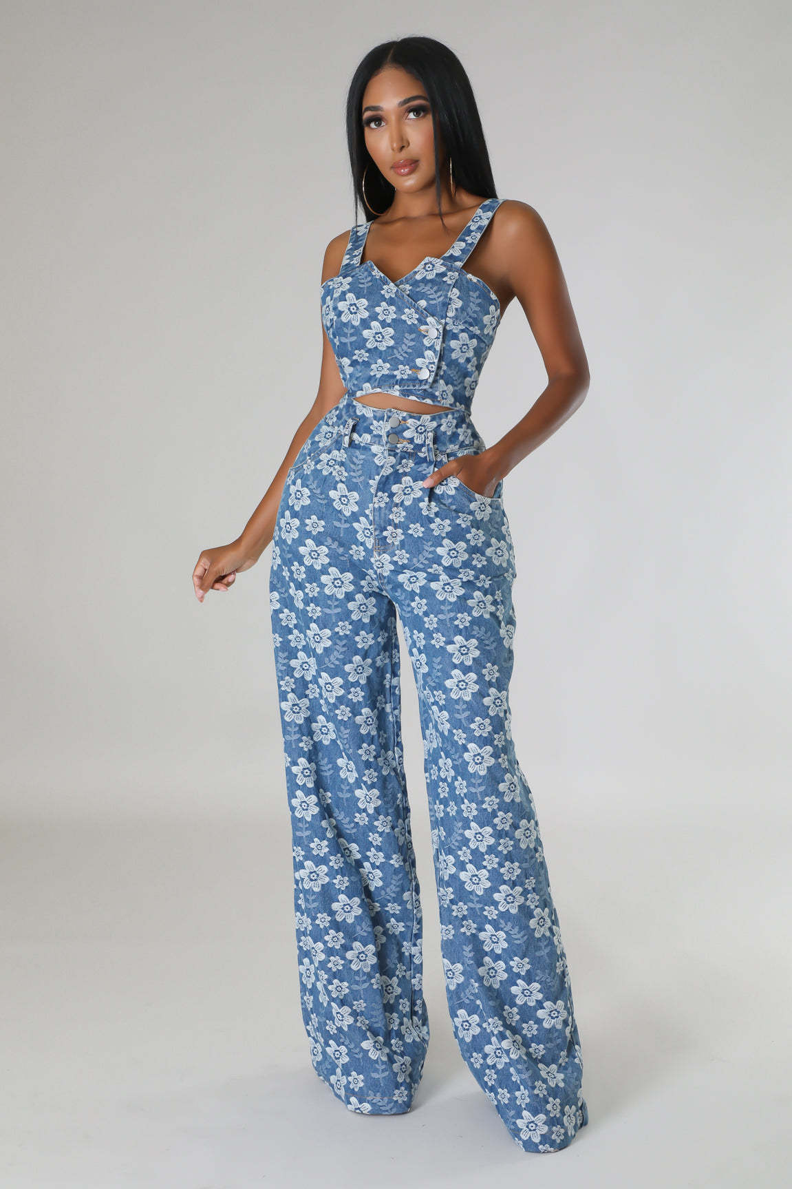 Fashion Denim Jacquard Wrapped Top Wide-leg Pants Suit