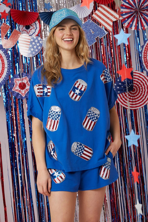 Summer New Independence Day Sequined Short Sleeve Shorts Set