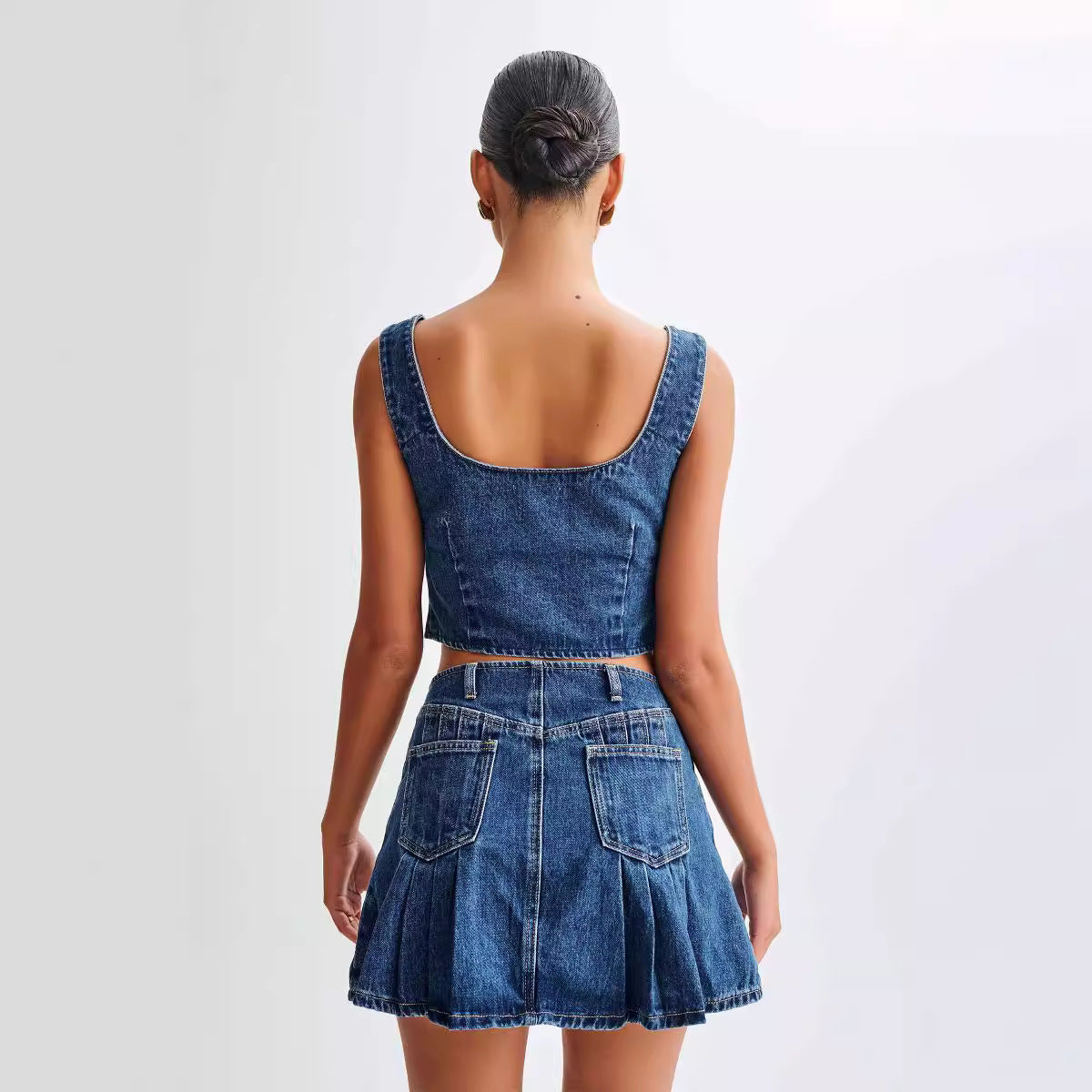 Fashion Personality Sleeveless Drawstring Top Denim Skirt Suit
