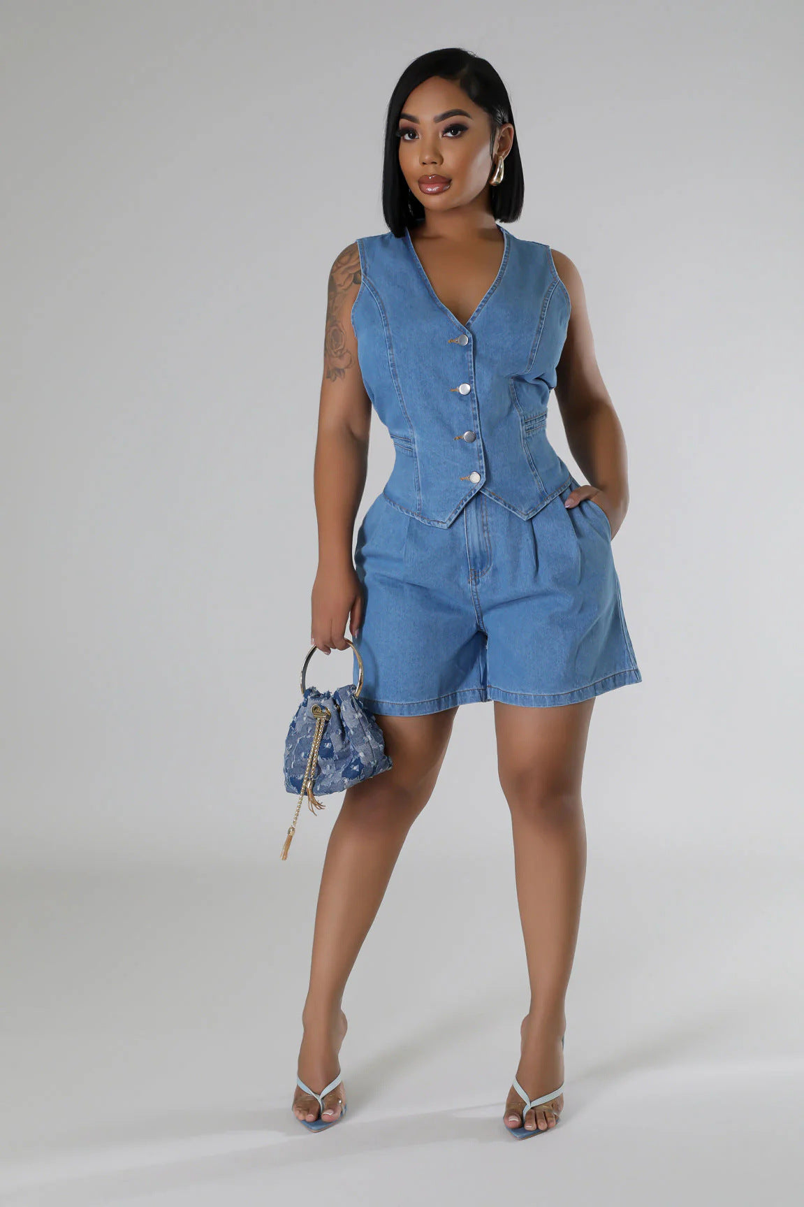 Fashion Casual Sleeveless High Waist Denim Shorts Set