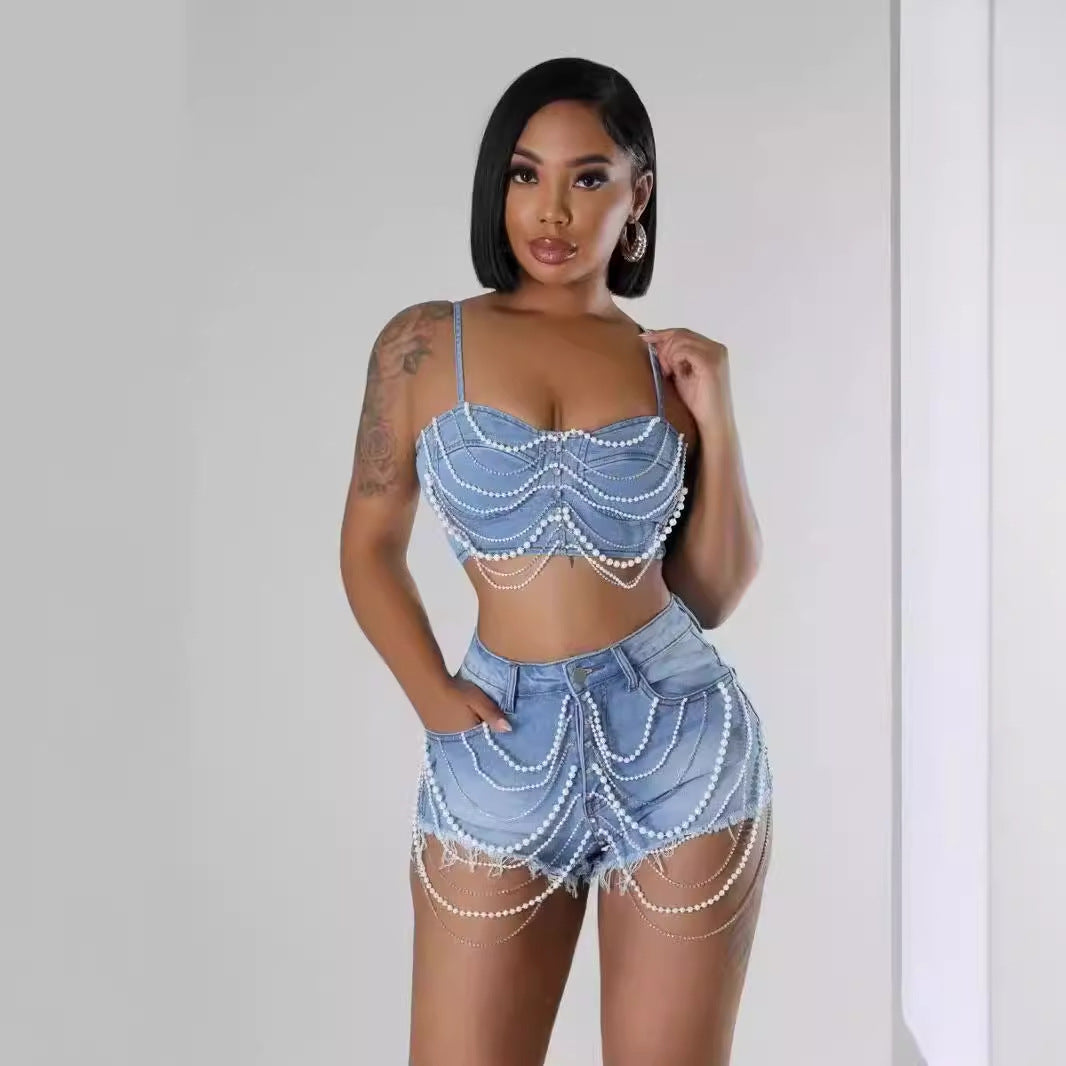 Pearl and Diamond Chain Denim Camisole Shorts Set