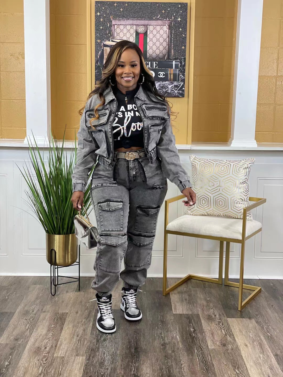 Fashionable High Elastic Multi-pocket Washed Denim Casual Suit