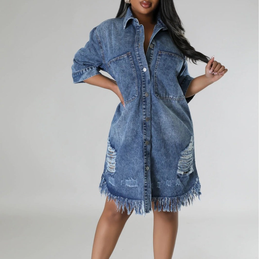 Loose Lapel Short Sleeve Ripped Washed Denim Dress