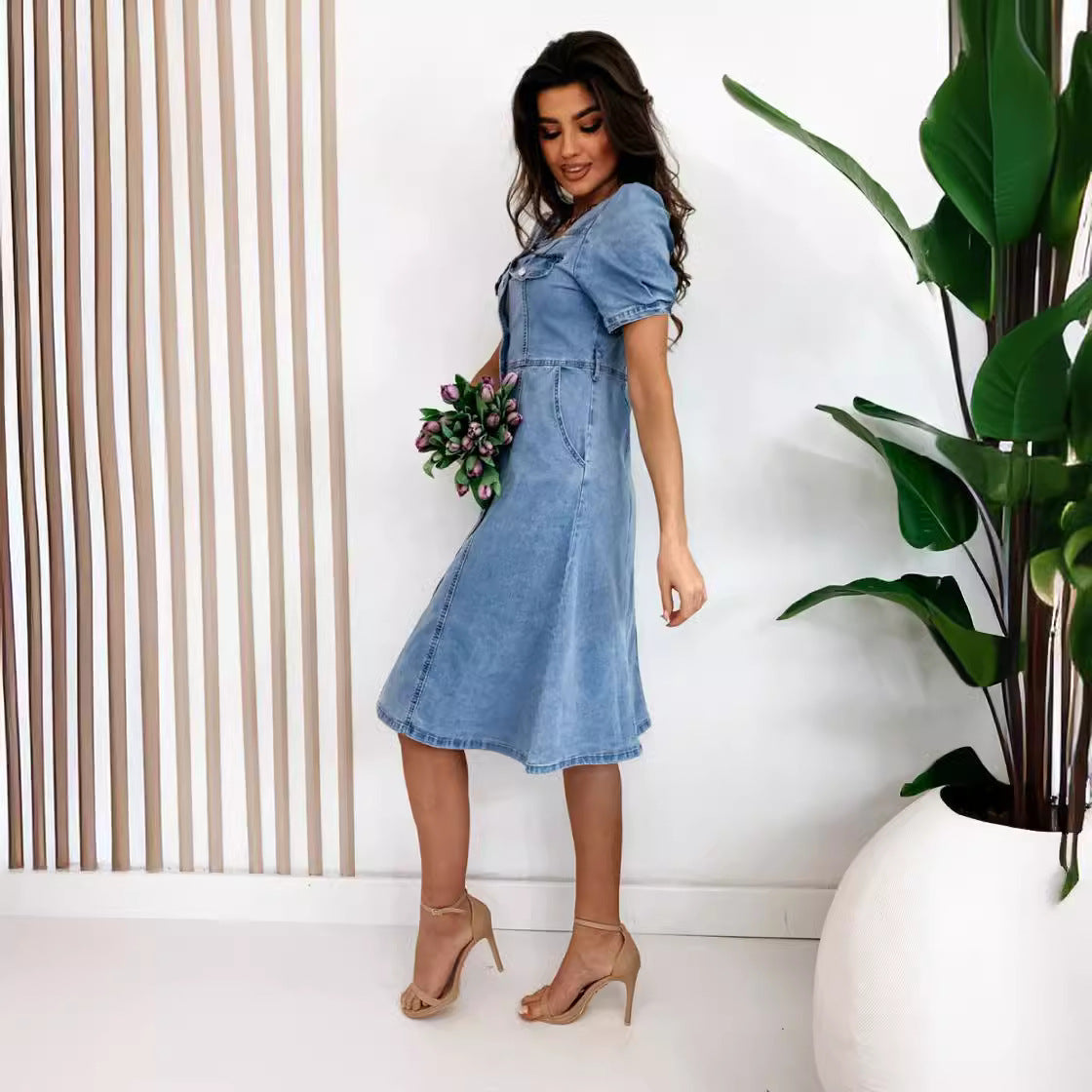 Versatile Thin Temperament Fashion Short Sleeve Denim Dress