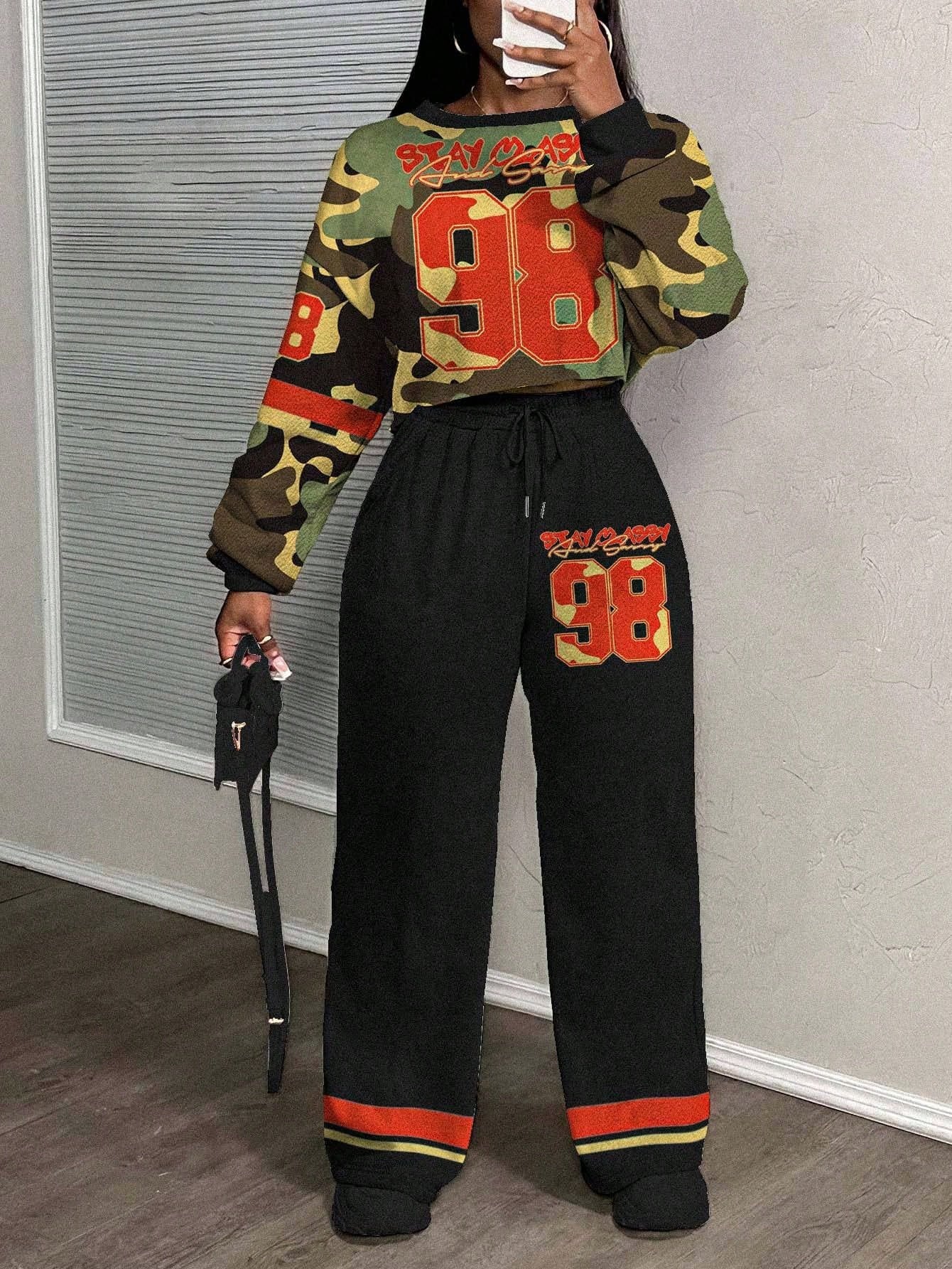 Casual Letter Print Crew Neck Sweatshirt and Pants Set