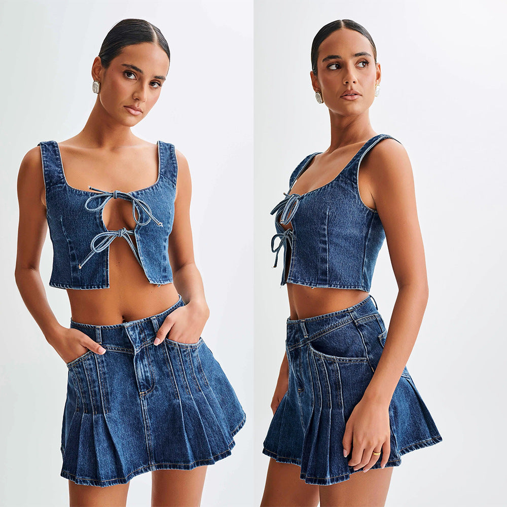 Fashion Personality Sleeveless Drawstring Top Denim Skirt Suit