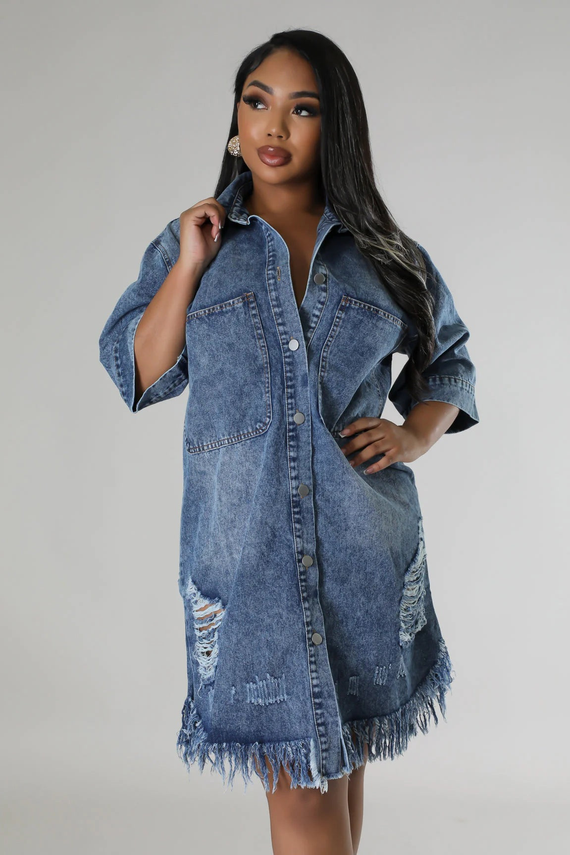Loose Lapel Short Sleeve Ripped Washed Denim Dress