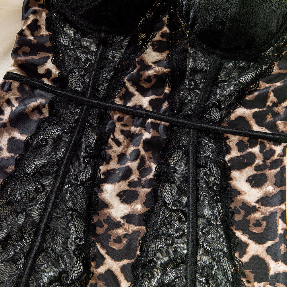 Sexy Lace Leopard Print Stitching Underwire Gathered Halter Neck Dress