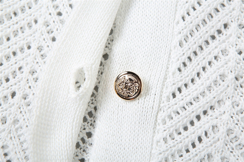 Knitted Hollow Lapel Cardigan High Waist Shorts Casual Suit
