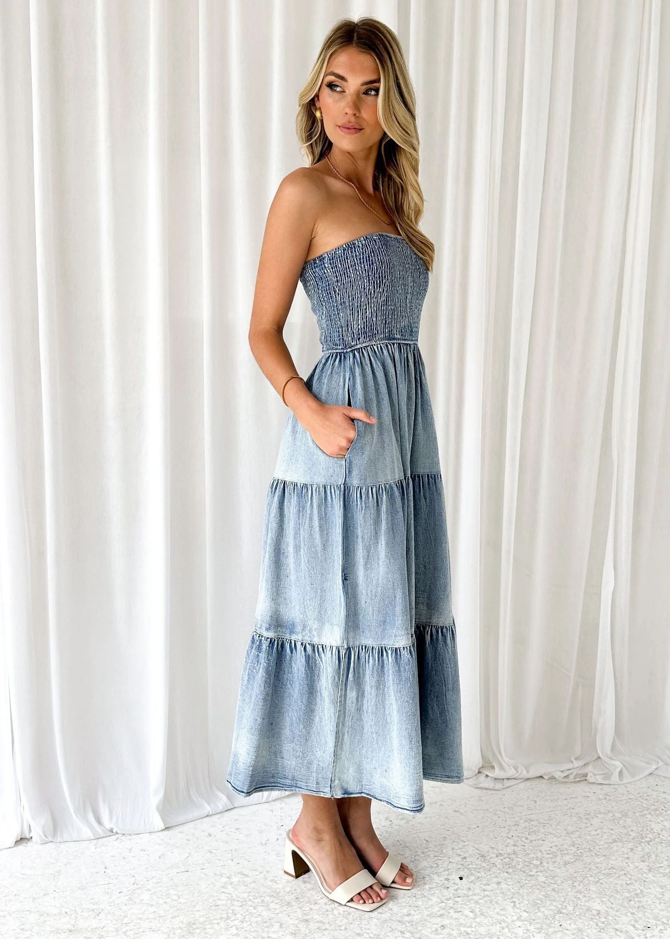 Temperament Elegant Hem Splicing Side Slit Tube Top Cake Denim Long Skirt