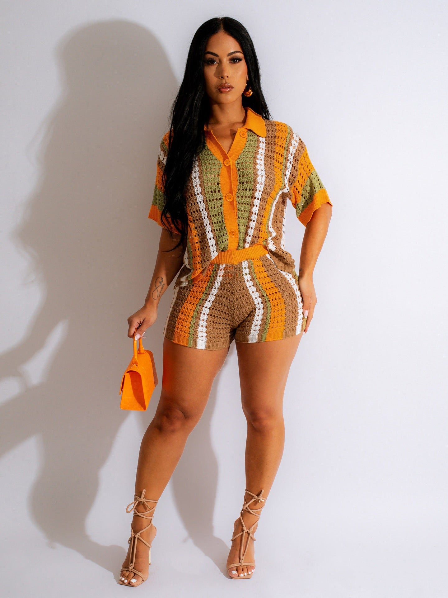 Hollow Transparent Contrast Lapel Knitted Shorts Set