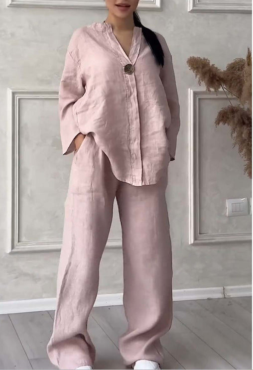 Fashionable Pure Color Cotton Linen Leisure Pants Set