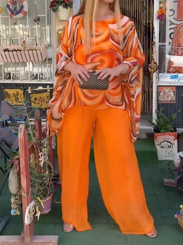 Casual Round Neck Colorful Printed Chiffon Suit