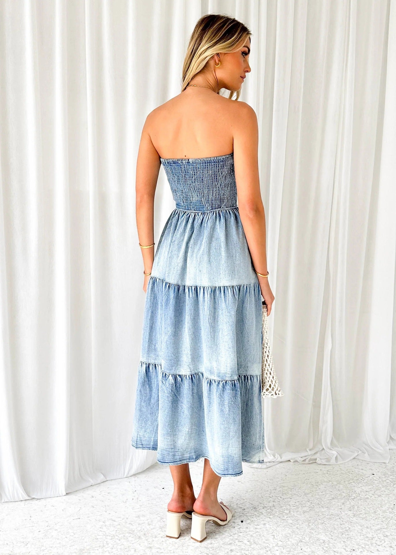 Temperament Elegant Hem Splicing Side Slit Tube Top Cake Denim Long Skirt