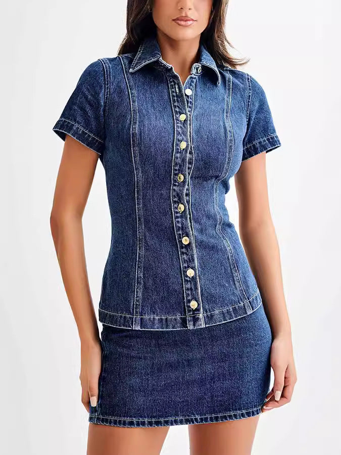 Modern Style Denim Short Sleeve Button High Waist Skirt Suit