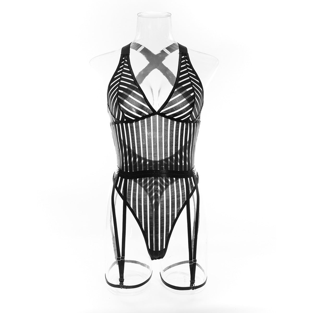 Sexy Striped Cross Strap Bodysuit Two Piece Set