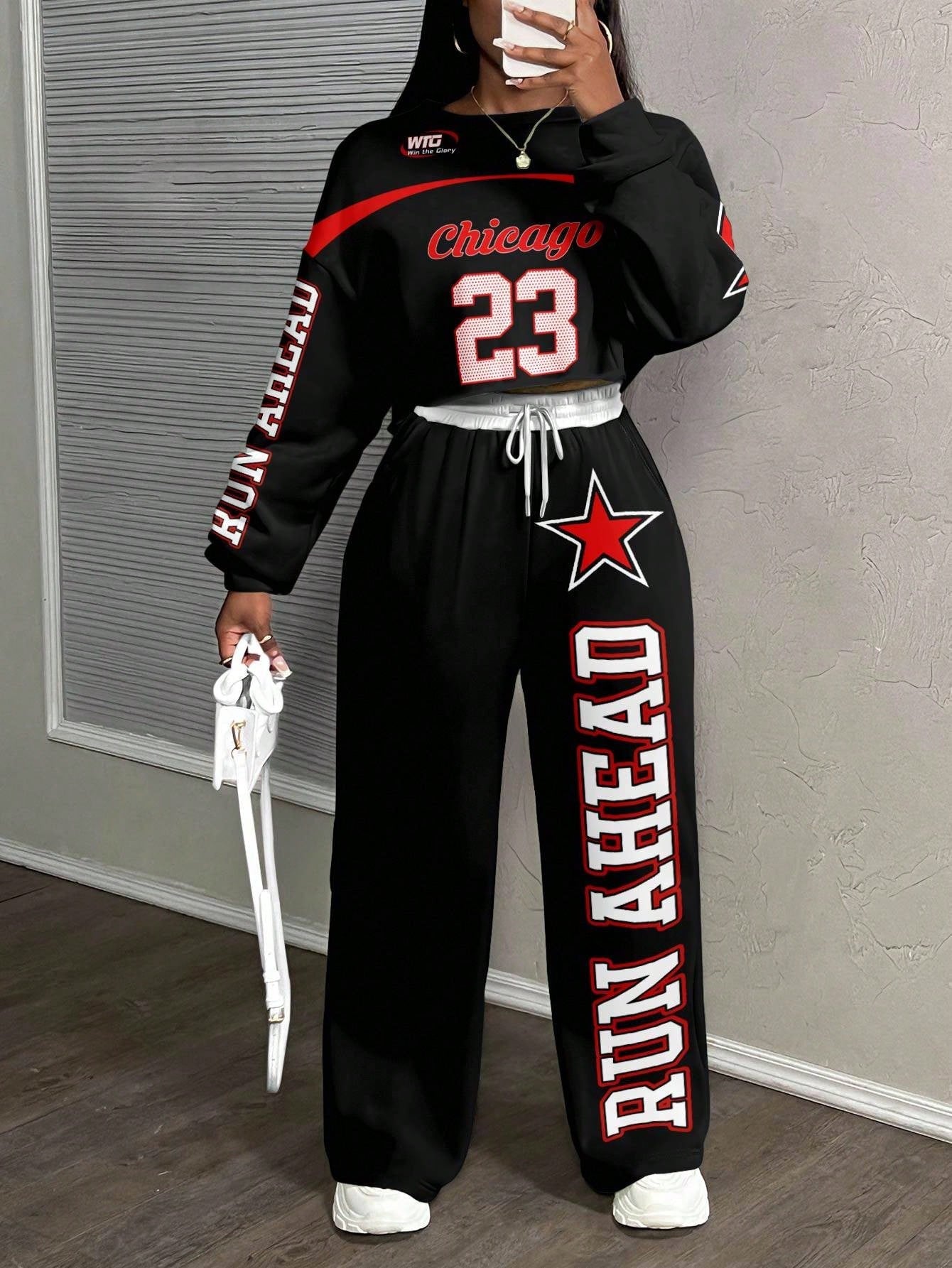 Casual Letter Print Crew Neck Sweatshirt and Pants Set