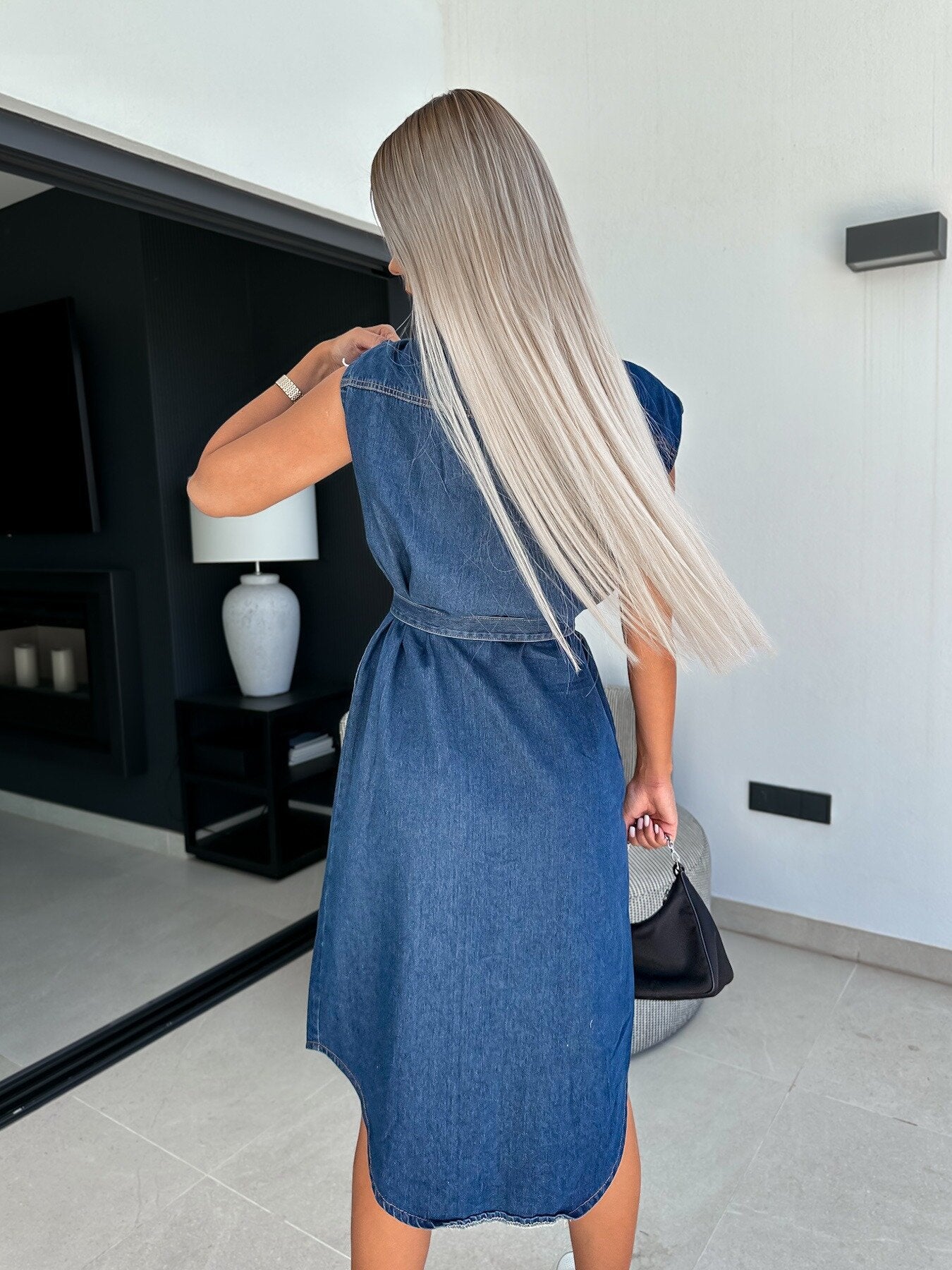 Casual Lapel Sleeveless Buttoned Open-Cheek Waist Tie Denim Dress