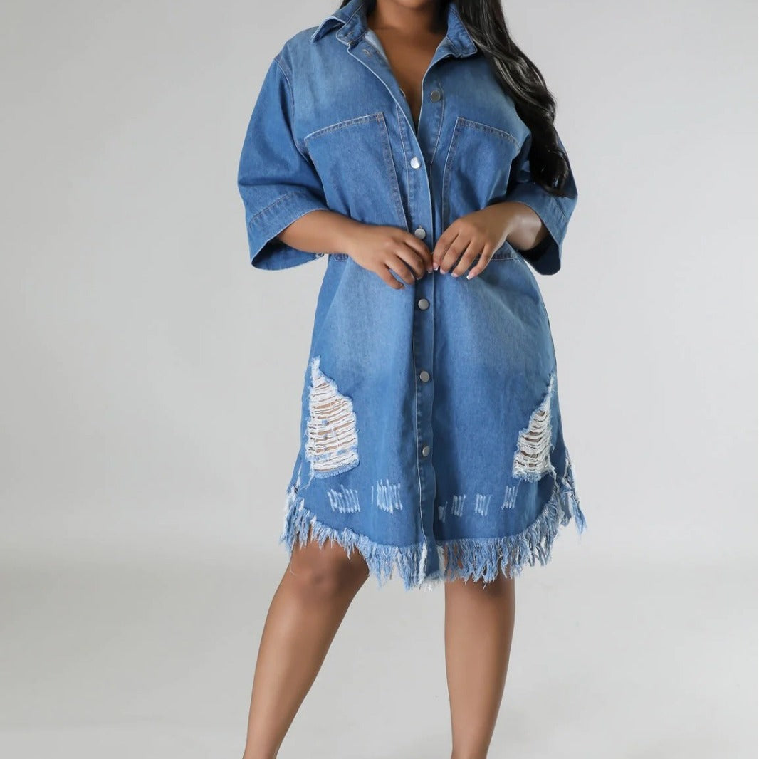 Loose Lapel Short Sleeve Ripped Washed Denim Dress