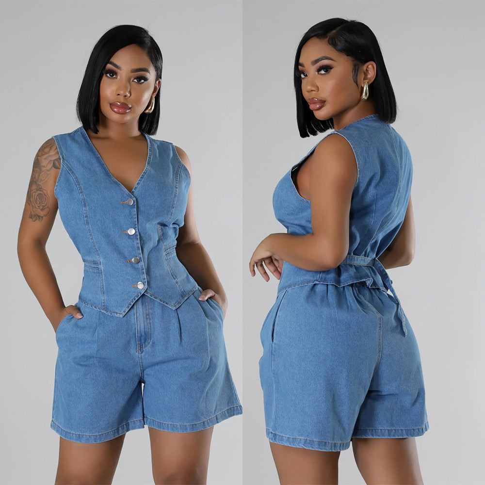 Fashion Casual Sleeveless High Waist Denim Shorts Set