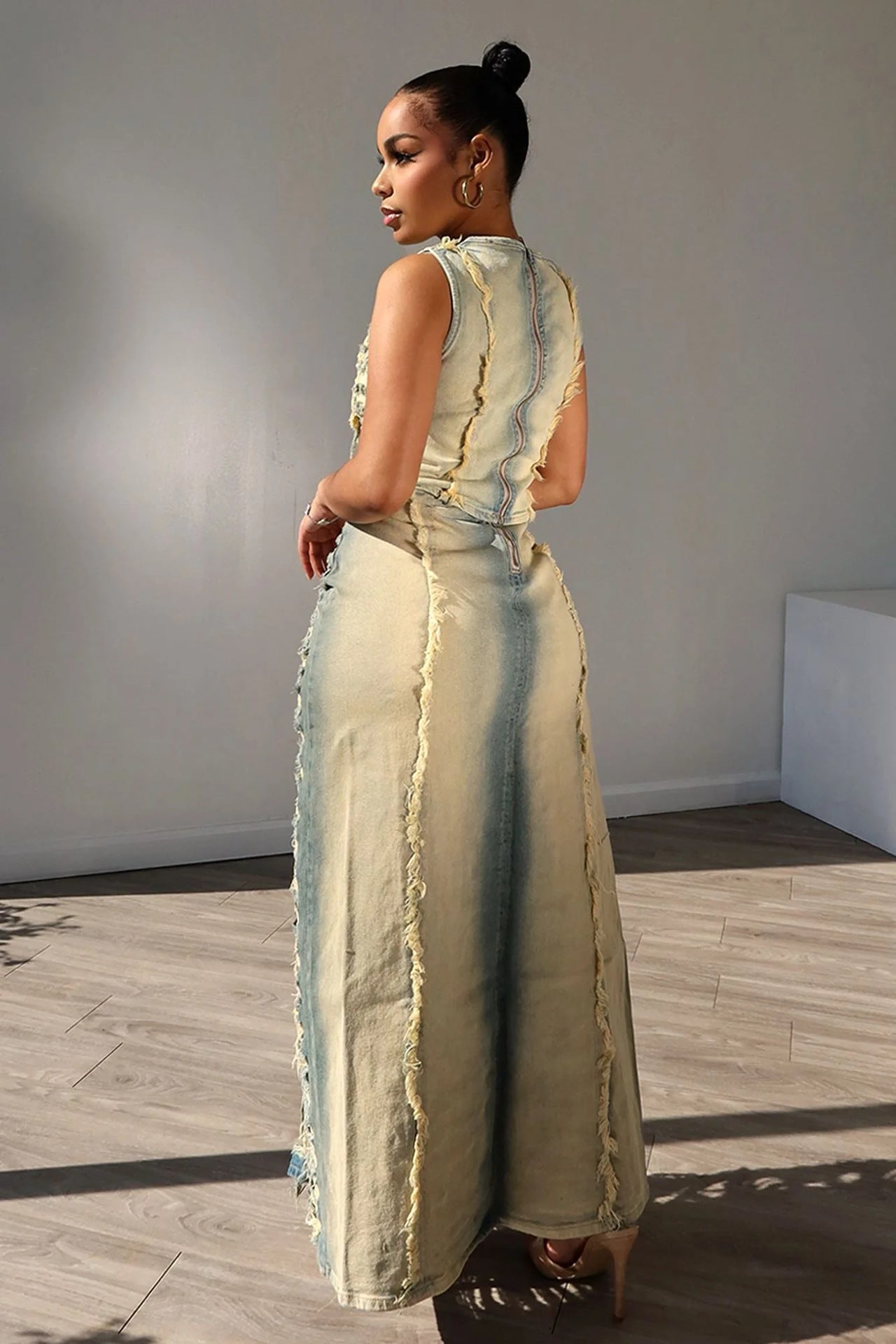 Fashion Personality Hand-distressed Vest High Slit Denim Skirt Suit