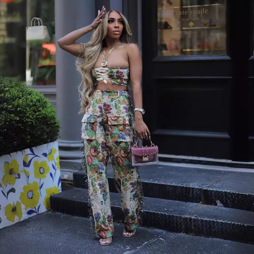 Lace-up Bustier Tassel Trousers Jacquard Fashion Suit