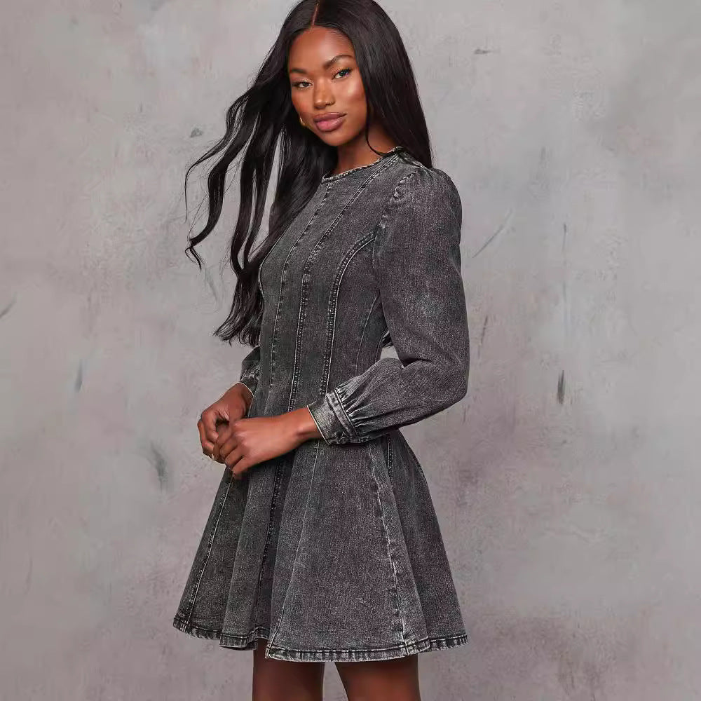 Fashion Casual Patchwork Waist Denim Long Sleeve Dress