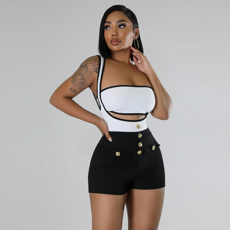 Sexy Colorblock Sleeveless Suspender Stretch Shorts Two-piece Set