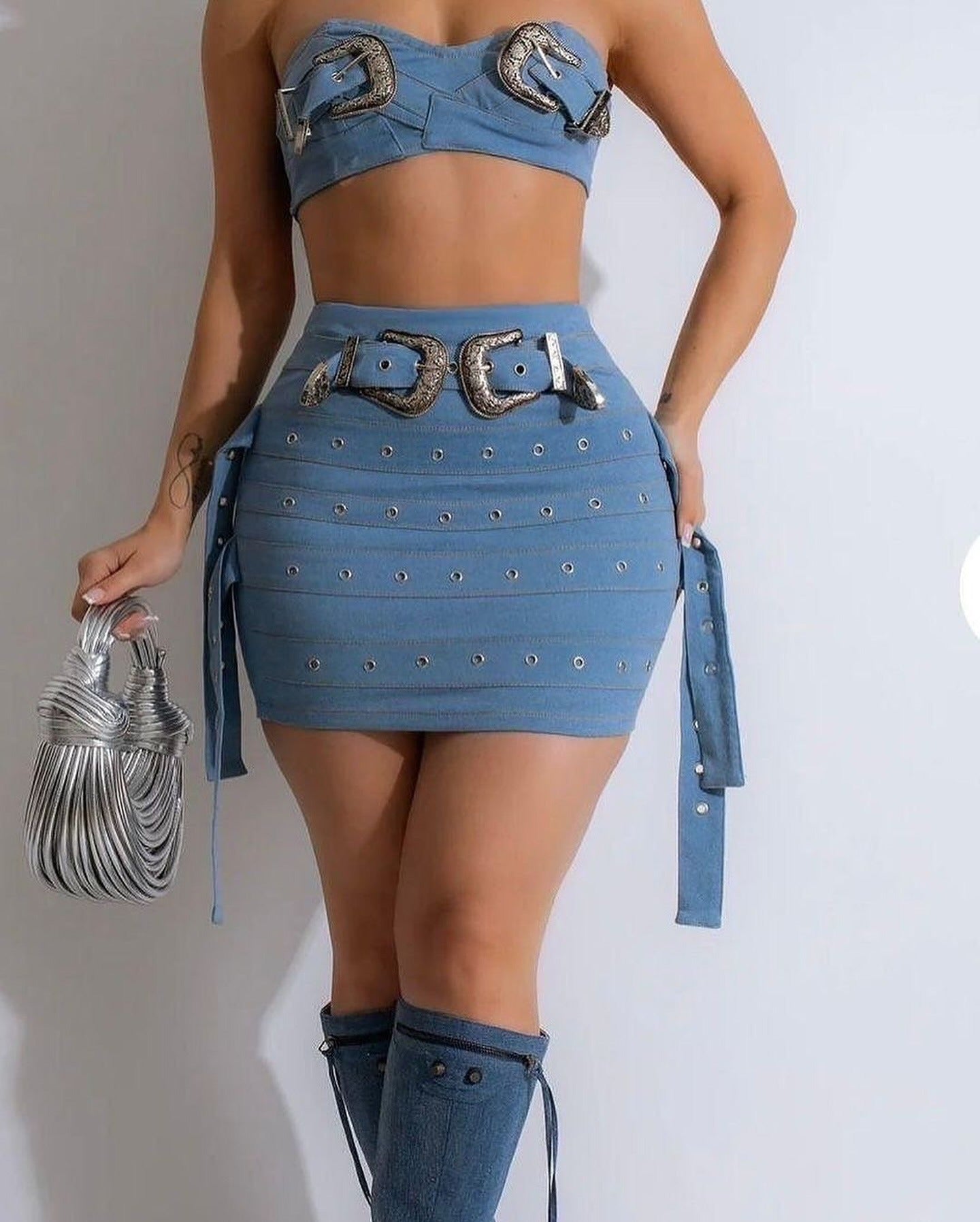 Fashion Adjustable Buckle Elastic Bandeau Vest Short Skirt Casual Denim Suit