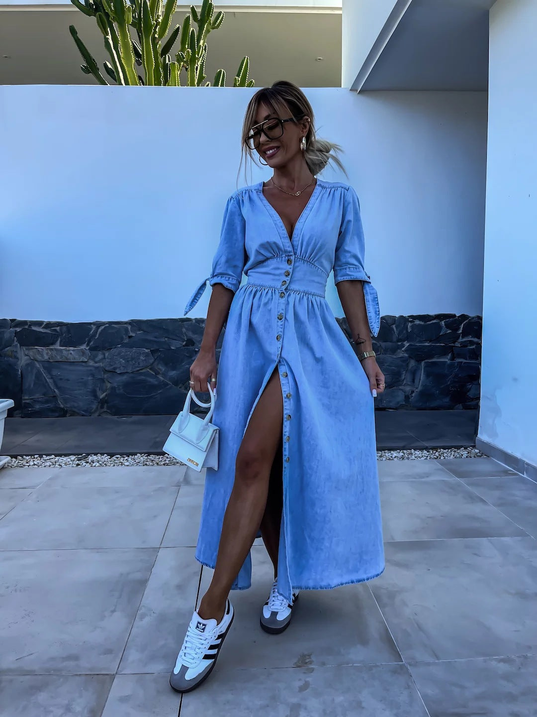 Fashionable and Sexy V-neck Long Multi-button Denim Dress