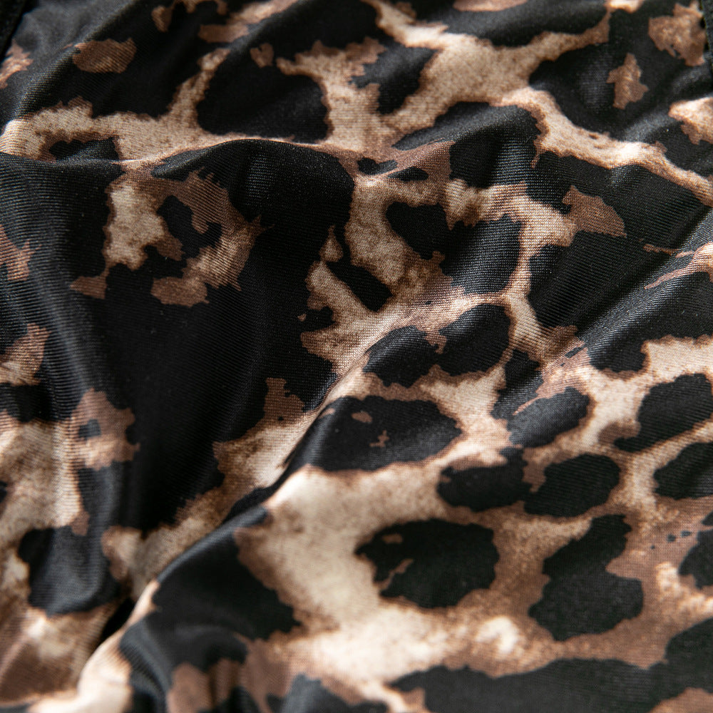 Sexy Lace Leopard Print Stitching Underwire Gathered Halter Neck Dress