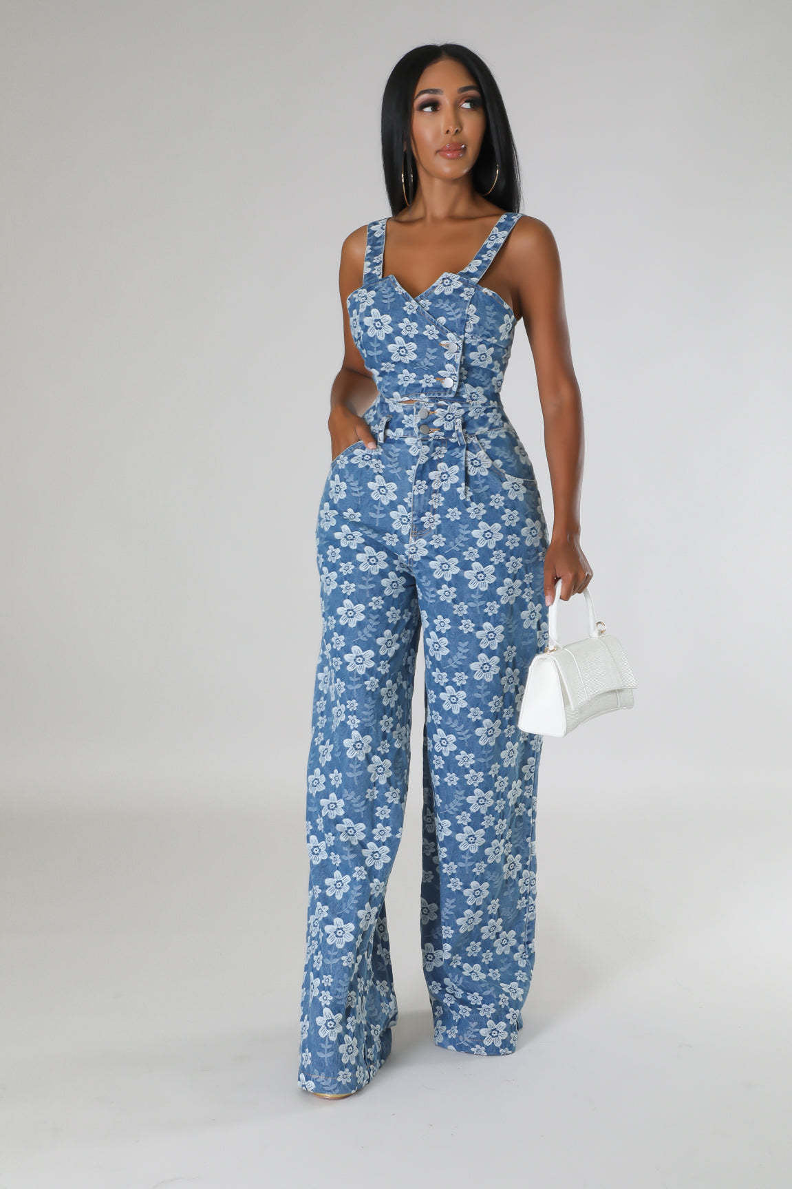 Fashion Denim Jacquard Wrapped Top Wide-leg Pants Suit