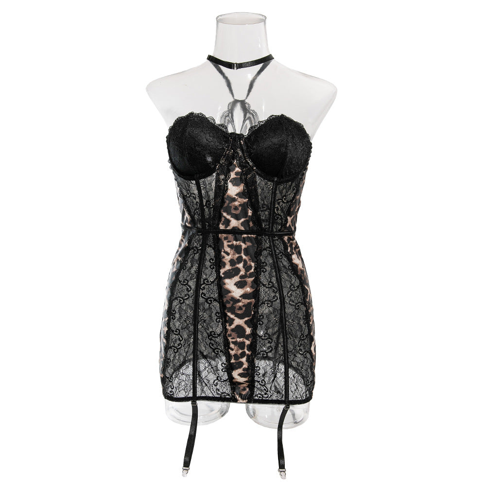 Sexy Lace Leopard Print Stitching Underwire Gathered Halter Neck Dress