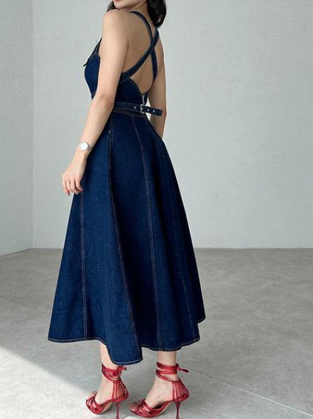 Elegant Solid Color Waist-length Denim Suspender Dress