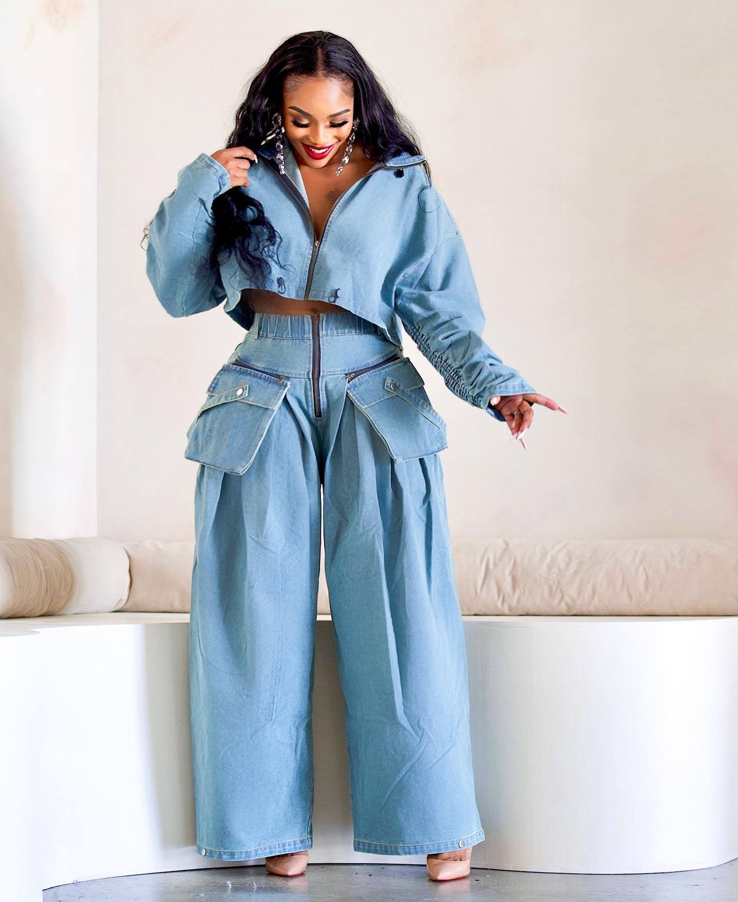 Fashion Retro Wide Leg Loose Heavy Denim Two-piece Suit