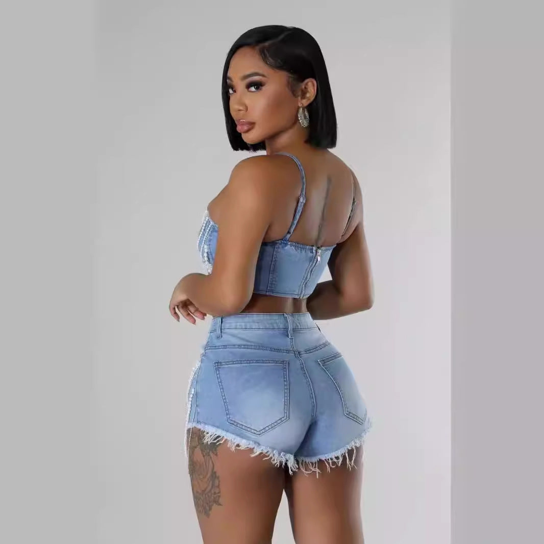 Pearl and Diamond Chain Denim Camisole Shorts Set