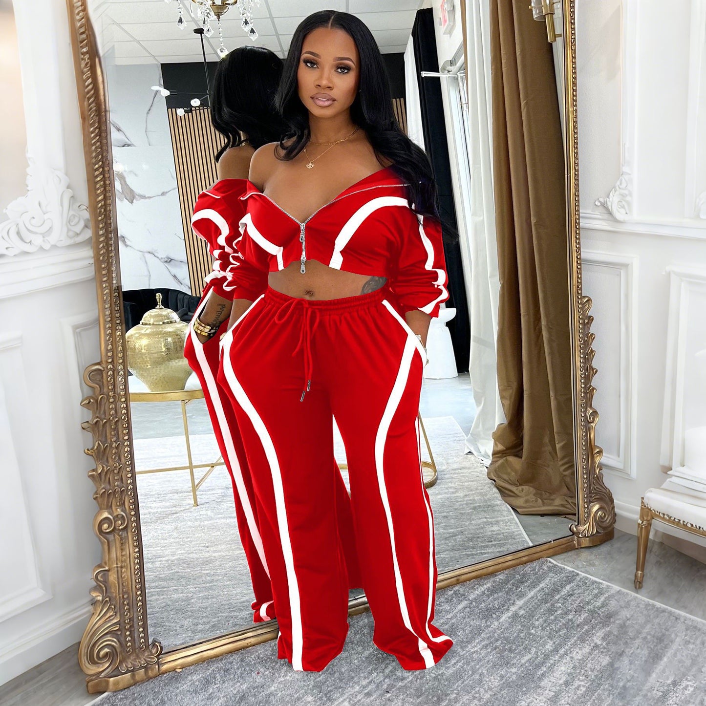 Stylish and Casual Color-blocked Long-sleeved Cardigan Tracksuit